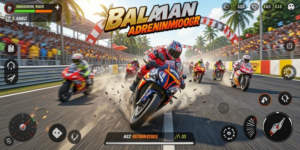 Screenshot gameplay AA62 yang menampilkan balapan motor yang menegangkan.