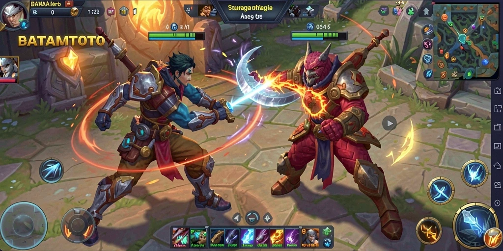 Screenshot gameplay <strong>BATAMTOTO</strong> menampilkan aksi pertempuran yang intens di arena MOBA.