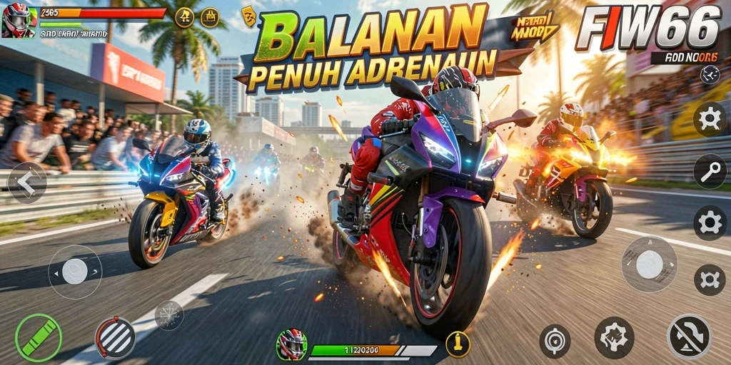 Tangkapan layar FW66 menampilkan aksi balapan motor yang mendebarkan.