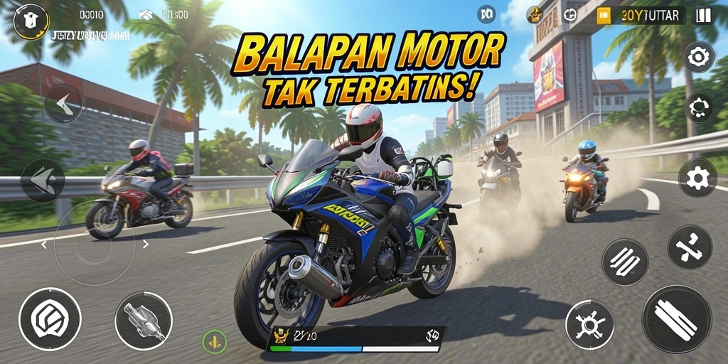 Screenshot JOYPUTAR menunjukkan balapan motor yang mendebarkan di trek berliku.