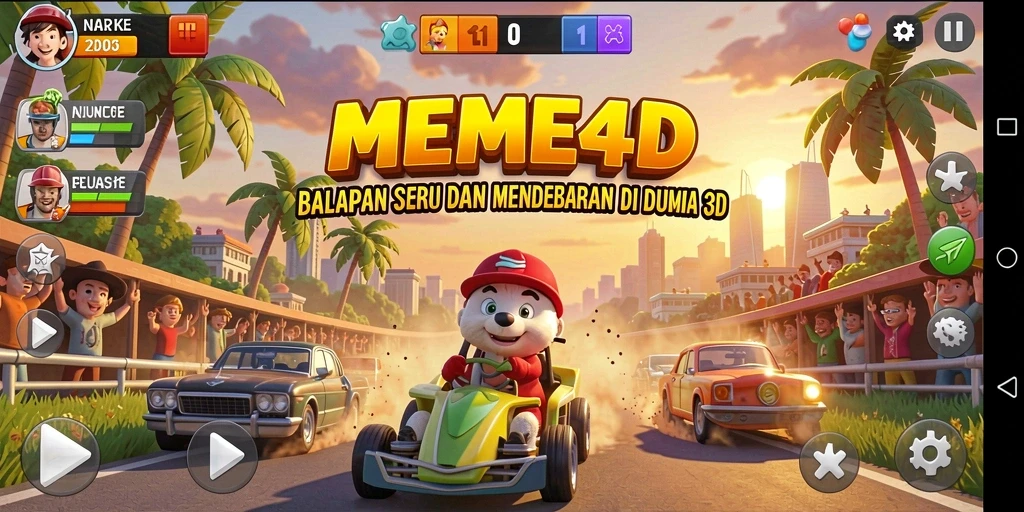 Screenshot utama MEME4D menampilkan aksi balapan mendebarkan di lintasan 3D.