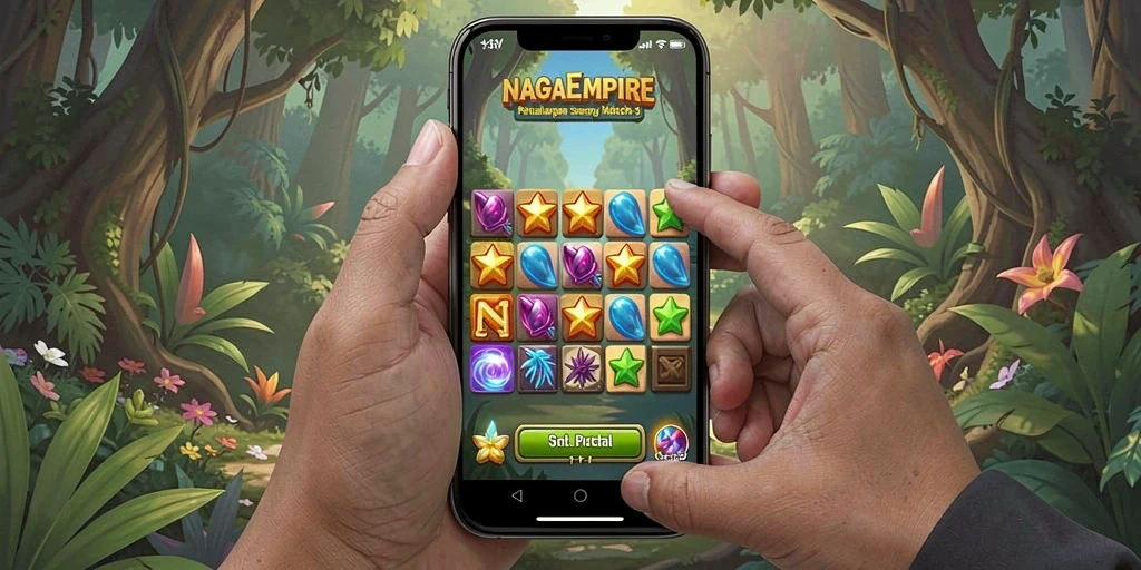 Tampilan gameplay seru NAGAEMPIRE dengan elemen Match-3 yang menarik.