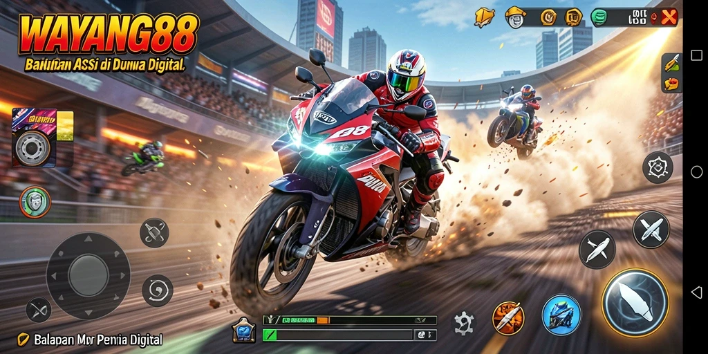 Screenshot utama menunjukkan aksi balapan motor yang memukau.